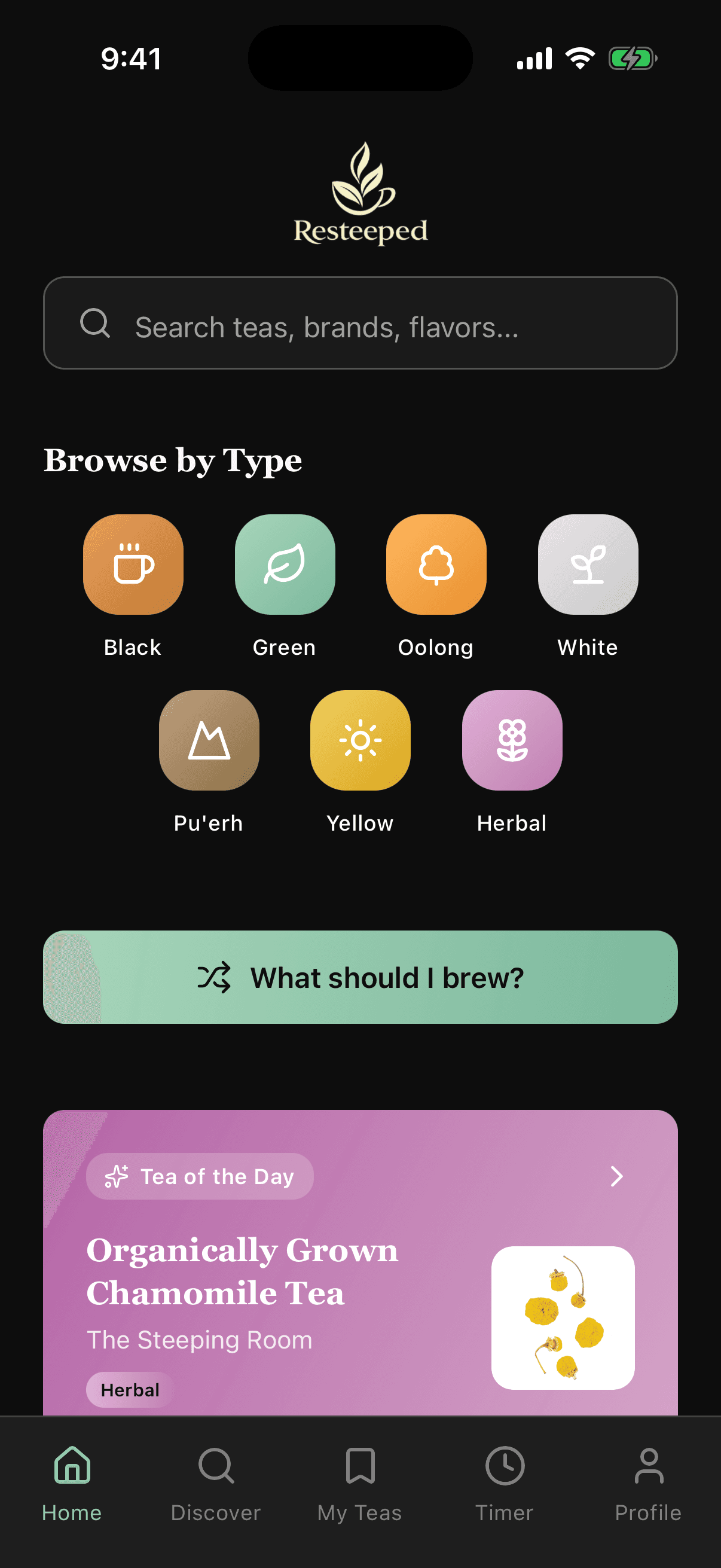 Resteeped home screen — tea collection at a glance